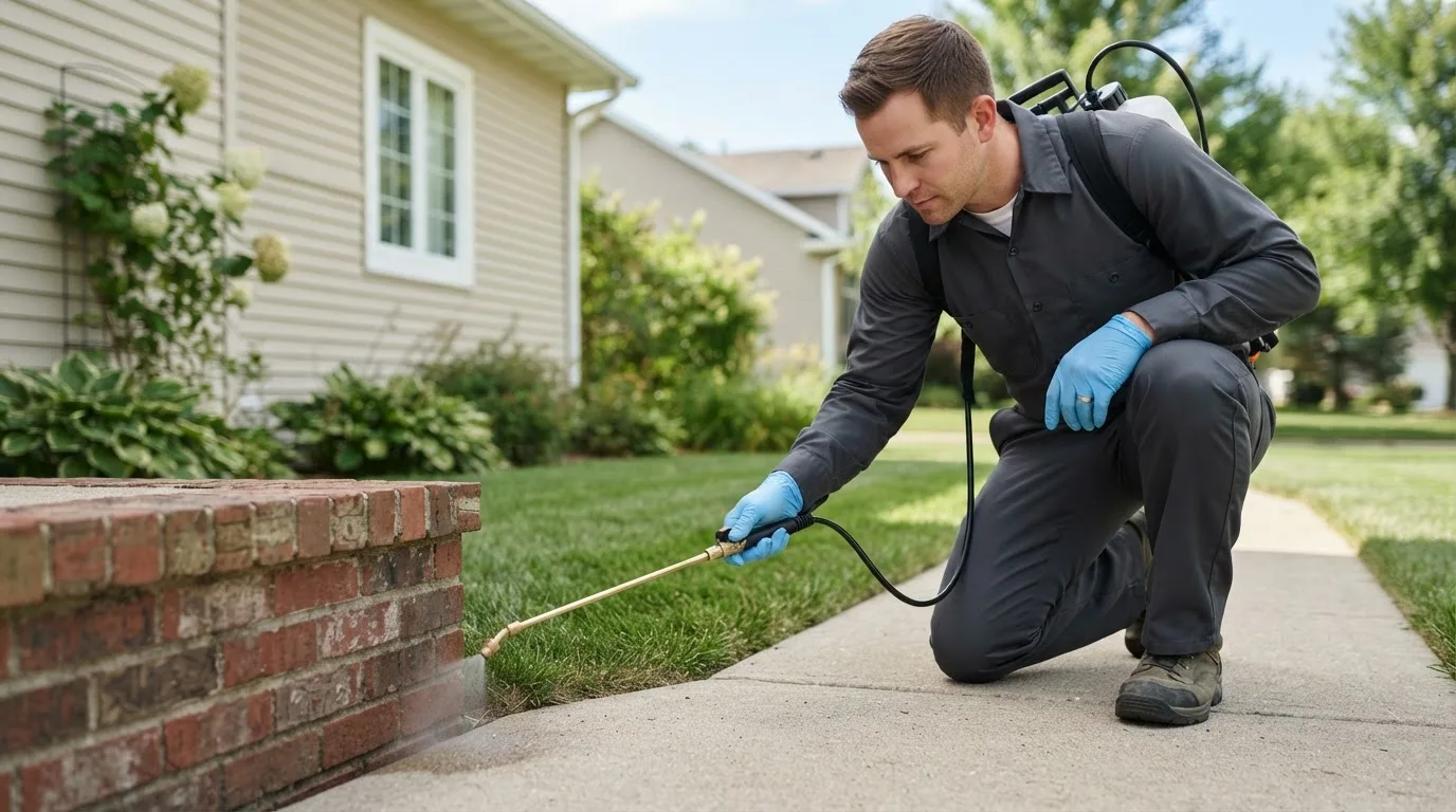 Pest control technician treating a home near Adrian, MI