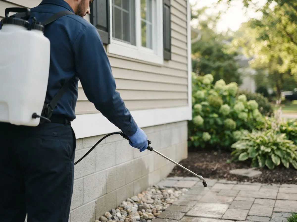 Pest control technician inspecting a home in Adrian, MI